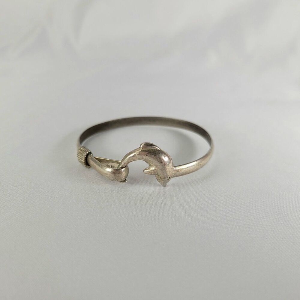 Vintage 925 Sterling Silver Dolphin Bracelet Hook Bangle Y2K 90s Retro 14g